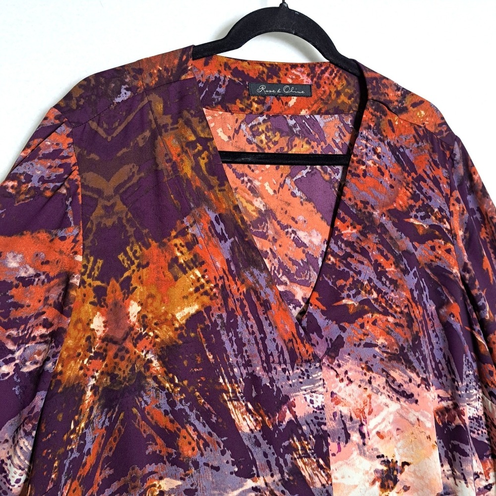 Rose Olive Womens 4X Purple‎ Orange Abstract Print VNeck Tunic Blouse 3/4 Sleeve - Picture 6 of 12